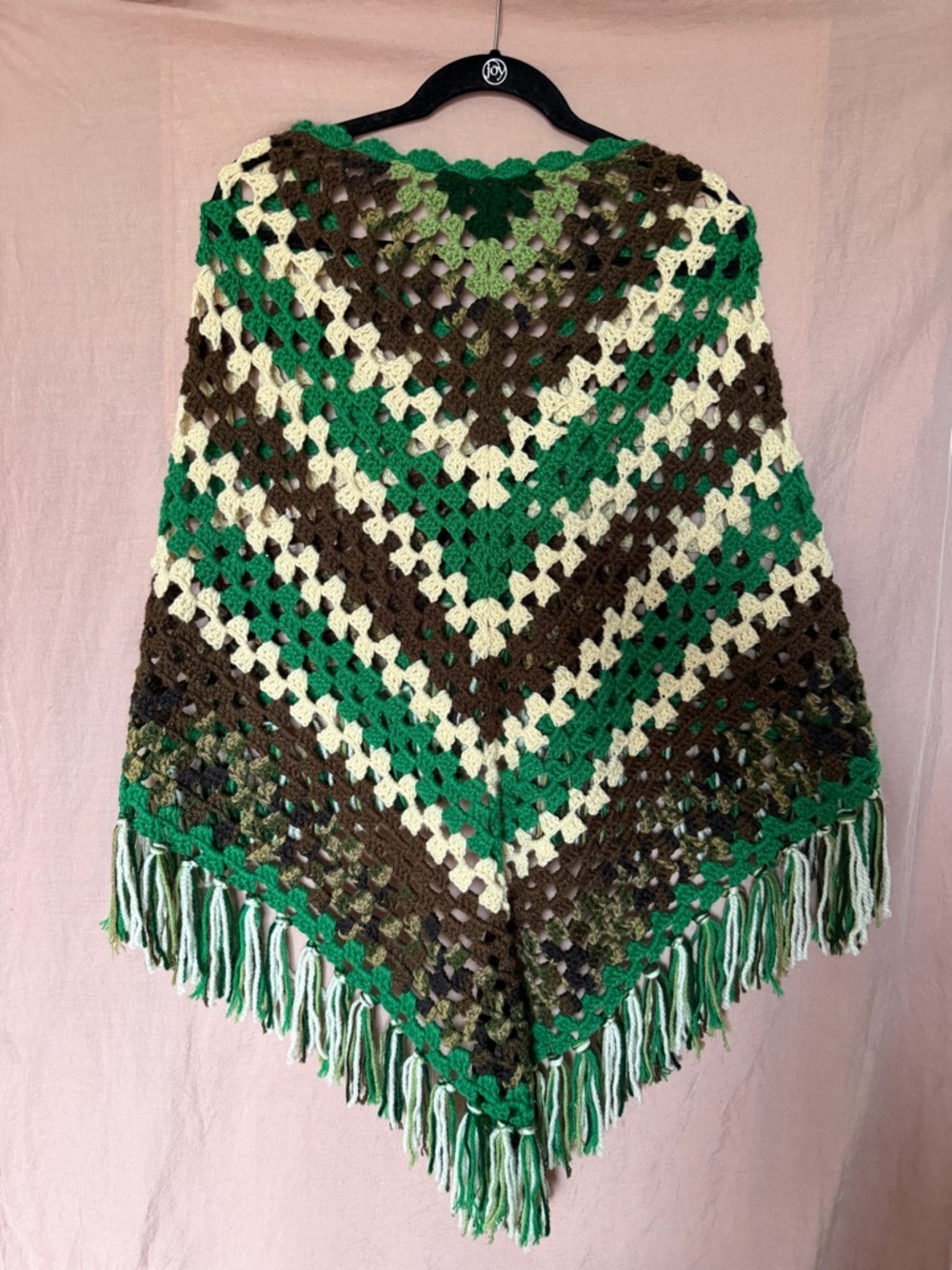 Handmade 1970s Crochet Fringe Poncho in Green, Brown & Cream